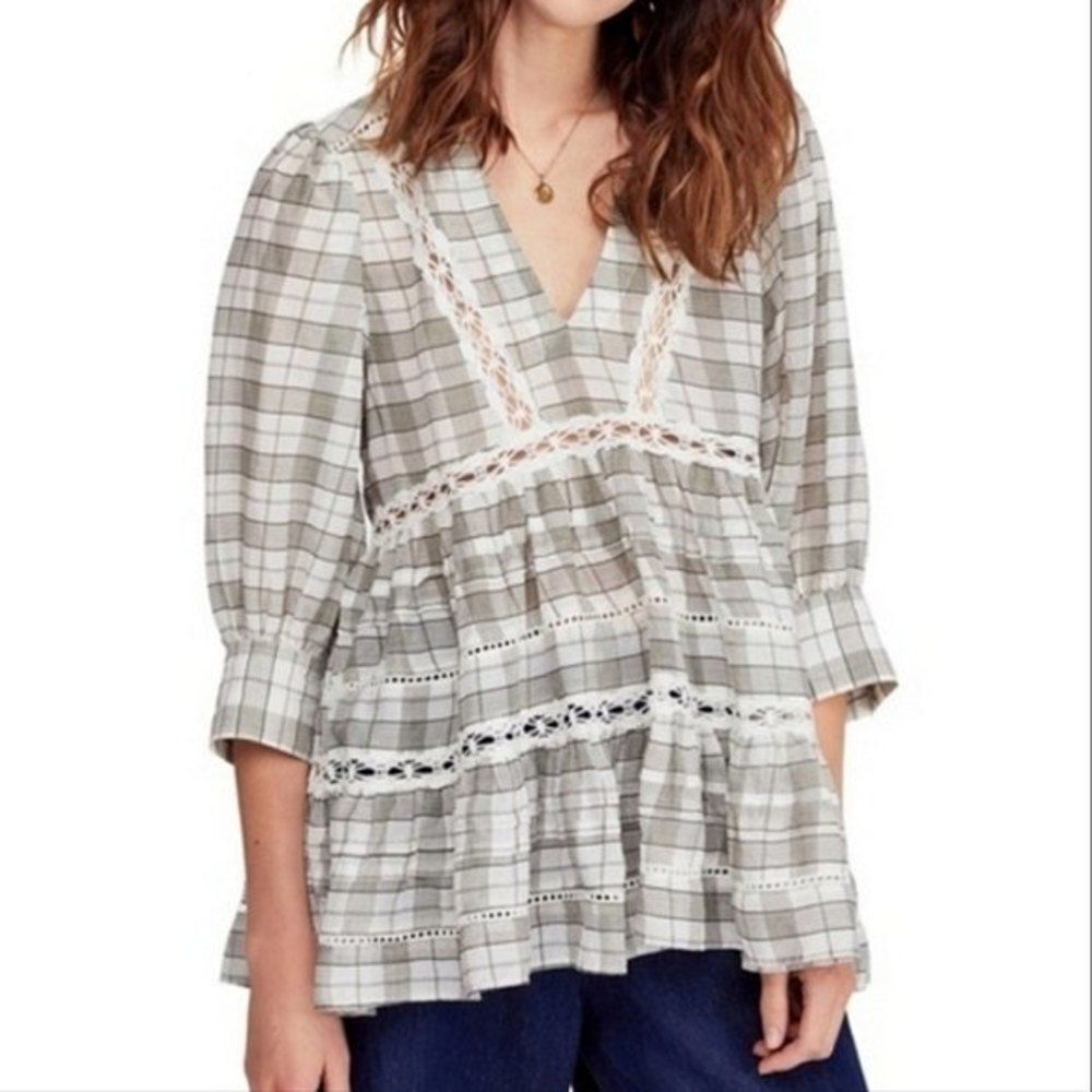 Free People Time Out Lace Tunic Top Small NWT Plaid Bohemian Costal Cowgirl